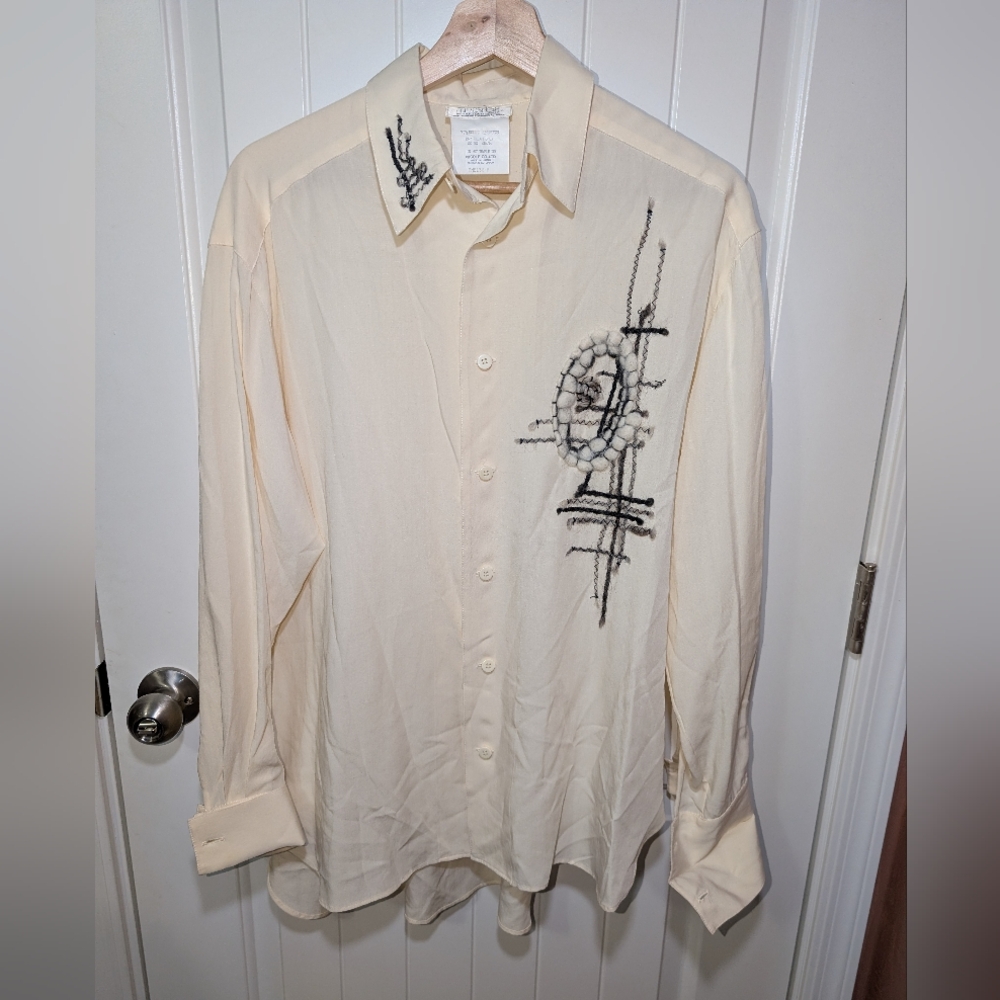 Vintage Matsuda Nicole Tokyo Studio Men's Embroidered Button Down Shirt Crm/Blk